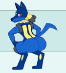  butt canine carafalsa clothed clothing fur looking_at_viewer lucario male malelucarioftw mammal nintendo pawpads pok&eacute;mon pok&eacute;mon_(species) red_eyes simple_background solo video_games wrestling_outfit 