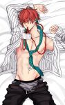  arm_up blue_eyes boxer_briefs chest closed_mouth edging_briefs green_neckwear highres hypnosis_mic kannonzaka_doppo lanyard looking_at_viewer male_focus male_underwear mouth_hold name_tag necktie nipples open_clothes open_shirt pinstripe_pattern red_hair sahara_(hakuro_ks) solo striped underwear 
