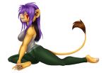  2018 anthro cheek_tuft clothing conditional_dnp ear_piercing eyes_closed feline female hair lion long_hair mammal pants pawpads piercing purple_hair shirt simple_background smile solo stretching tail_tuft tight_clothing toeless_(marking) tuft vilani vilani_(character) white_background yoga 
