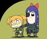  2girls :3 big_boss big_boss_(cosplay) bkub_(style) black_hair blonde_hair blue_eyes bow cosplay eyepatch hair_bow hand_on_another&#039;s_shoulder jotace kazuhira_miller kazuhira_miller_(cosplay) long_hair metal_gear_(series) metal_gear_solid multiple_girls pipimi poptepipic popuko sidelocks sneaking_suit two-tone_background two_side_up yellow_eyes 