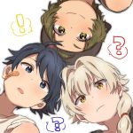  3boys ? arkk68 bandaid bandaid_on_face baseball_cap blue_eyes blue_hair child closed_mouth commentary enjouji_michiru from_below green_eyes green_hair hair_intakes hat idolmaster idolmaster_side-m kizaki_ren looking_at_viewer low_ponytail male_focus multiple_boys open_mouth ponytail protected_link silver_hair simple_background smile spoken_exclamation_mark spoken_question_mark taiga_takeru the_kogado white_background yellow_eyes younger 