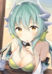  absurdres bangs beach bendy_straw bikini blush bow breasts brown_eyes cleavage closed_mouth commentary cup curled_horns day detached_sleeves dragon_horns drink drinking_glass drinking_straw eyebrows_visible_through_hair fate/grand_order fate_(series) fingernails green_bow green_hair hair_between_eyes hair_bow hand_up heart heart-shaped_pupils highres horns kiyohime_(fate/grand_order) kiyohime_(swimsuit_lancer)_(fate) long_hair long_sleeves medium_breasts outdoors sand smile solo swimsuit symbol-shaped_pupils uzuki_tsukuyo very_long_hair white_bow wide_sleeves yellow_bikini 