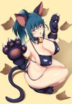  animal_ears aster_crowley bare_shoulders bell bell_collar bikini black_bikini blue_hair breasts cat_ears cat_paws cat_tail collar collarbone gloves green_eyes highres large_breasts leona_heidern long_hair looking_at_viewer metal_slug metal_slug_attack paw_gloves paw_shoes paws ponytail shoes skindentation snk snk_heroines:_tag_team_frenzy solo swimsuit tail tail_cutout the_king_of_fighters thighs yellow_background 