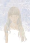  bangs bare_shoulders brown_eyes brown_hair closed_mouth commentary dress jewelry long_hair looking_at_viewer matayoshi necklace original pale_color solo upper_body white_dress 