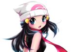  1girl bare_shoulders beanie black_hair black_shirt blue_eyes blush breasts female from_behind hair_ornament hairclip hat hikari_(pokemon) long_hair looking_back looking_to_the_side open_mouth pink_scarf poke_ball_theme pokemon pokemon_(game) pokemon_dppt sawarabi_(sawarabi725) scarf shiny shiny_hair shiny_skin shirt simple_background sleeveless sleeveless_shirt small_breasts solo upper_body white_background white_hat 