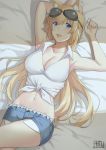  aemu_(august_life) animal_ears blonde_hair blue_eyes breasts cleavage commentary commission denim denim_shorts english_commentary girls_frontline goggles goggles_on_head large_breasts long_hair mossberg_500_(girls_frontline) on_bed shirt short_shorts shorts signature smile tied_shirt twitter_username very_long_hair 