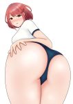  1girl ahoge ass ass_grab blush breasts buruma deep_skin from_behind from_below gontyama homura_(xenoblade_2) huge_ass large_breasts looking_at_viewer open_mouth red_eyes red_hair shirt short_hair sideboob smile solo xeno_(series) xenoblade xenoblade_(series) xenoblade_2 