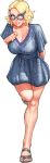  bad_id bad_tumblr_id bangs bbc-chan blonde_hair blue-framed_eyewear blue_dress breasts buck_teeth cleavage commentary dress english_commentary eroge forehead full_body green_eyes hair_ornament hair_pulled_back hairclip highres large_breasts lea_(sylvia) looking_up nose parted_bangs sandals short_hair solo standing standing_on_one_leg sundress sylvia_(game) toenail_polish transparent_background visual_novel 