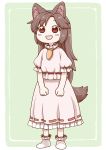  :d animal_ears bangs blush brown_hair carrot carrot_necklace cosplay eyebrows_visible_through_hair full_body green_background imaizumi_kagerou inaba_tewi inaba_tewi_(cosplay) long_hair long_skirt looking_at_viewer no_nose open_mouth pink_shirt pink_skirt poronegi puffy_short_sleeves puffy_sleeves red_eyes shirt shoes short_sleeves simple_background skirt smile solo standing tail touhou white_footwear wolf_ears wolf_tail younger 