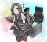  bike_shorts black_hair black_shorts black_skirt black_vest blue_neckwear blue_ribbon blush breast_pocket buttons collared_shirt cowboy_shot dress_shirt eyebrows_visible_through_hair gloves hair_ornament hairclip highres holster honeycomb_(pattern) honeycomb_background kantai_collection kuroshio_(kantai_collection) looking_at_viewer machinery mast medium_hair neck_ribbon pleated_skirt pocket remodel_(kantai_collection) ribbon rigging searchlight shiny shiny_clothes shiny_skin shirt short_sleeves shorts shorts_under_skirt skirt smile smokestack solo thigh_holster tr-6 turret vest white_gloves white_shirt wing_collar yellow_eyes 