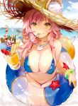  absurdres animal_ear_fluff animal_ears ball bikini blue_bikini blue_ribbon blurry blurry_background bracelet breasts cleavage cloud cloudy_sky covered_nipples cropped day drink ears_through_headwear fate/grand_order fate_(series) food fou_(fate/grand_order) fox_ears fox_tail fruit hair_ribbon hat highres holding innertube jewelry large_breasts leaning_forward long_hair looking_at_viewer mouth_hold multiple_girls necklace ocean outdoors pink_hair ribbon scan sky smile souji_hougu spoon spoon_in_mouth starfish straw_hat strawberry sun_hat swimsuit tail tamamo_(fate)_(all) tamamo_no_mae_(fate) tamamo_no_mae_(swimsuit_lancer)_(fate) yellow_eyes 
