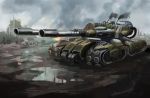  caterpillar_tracks cloud command_and_conquer command_and_conquer_red_alert_3 commentary_request day ground_vehicle hammer_and_sickle highres huojian_fasheche military military_vehicle motor_vehicle no_humans ruins sky smoke tank 