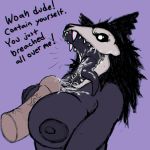 anthro big_breasts black_fur breasts canine cum duo female fur hair human male mammal monster nipples nude open_mouth penis scp-1471 scp_foundation simple_background text tongue tongue_out zevex 
