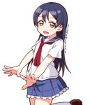  bangs blue_hair blush commentary_request hair_between_eyes long_hair looking_at_viewer love_live! love_live!_school_idol_project open_mouth school_uniform serafuku simple_background skull573 smile solo sonoda_umi white_background yellow_eyes younger 