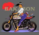  bakabon's_father black_hair closed_mouth genderswap genderswap_(mtf) grey_background ground_vehicle haramaki headband high_heels lipstick looking_at_viewer makeup matahei motor_vehicle motorcycle on_motorcycle riding shin'ya!_tensai_bakabon simple_background smile tensai_bakabon unagi_inu 