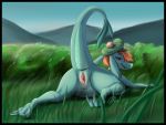  2018 all_fours anus bedroom_eyes butt claws clb disney dragon female grass green_scales grin hair half-closed_eyes hat looking_at_viewer looking_back nessie orange_hair outside presenting presenting_pussy pussy raised_tail scales scalie seductive smile solo the_ballad_of_nessie toe_claws 