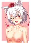  ;d absurdres animal_ears blush border breasts chinese_commentary collarbone commentary_request hair_between_eyes hands_on_own_chest hands_up hat highres inubashiri_momiji large_breasts looking_at_viewer nipples nude one_eye_closed open_mouth outside_border pink_background red_eyes shiny shiny_skin short_hair silver_hair simple_background smile solo tassel tokin_hat touhou upper_body white_border wolf_ears wuwusan 