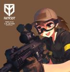  ar-15 assault_rifle baseball_cap brown_hair commentary gloves goggles gun hat holding holding_gun holding_weapon hood hoodie load_bearing_equipment open_mouth original ponytail rias-coast rifle simple_background solo weapon 