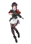  artist_name assault_rifle belt black_hair china_dress chinese_clothes commentary_request corset daru dress emblem fingerless_gloves girls_frontline gloves gun highres military military_uniform orange_eyes original pantyhose rifle sar-21 sar-21_(girls_frontline) singapore skirt solo trigger_discipline uniform weapon 