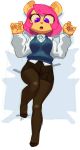  4_fingers anthro bear bed big_eyes blue_pupils chi-iz claws clothed clothing female front-view full-length_view fully_clothed fur hair hi_res leggings legwear lying mammal on_back open_mouth pink_hair pink_tongue purple_eyes shirt short_hair solo tongue yellow_fur yellow_nose 