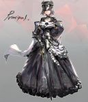  black_dress cane cape character_name closed_mouth dress full_body gauntlets grey_eyes grey_hair hat holding long_dress looking_at_viewer nogchasaeg_(karon2848) original short_hair solo standing white_cape 