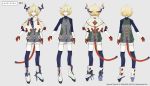  androgynous blonde_hair blue_eyes boots capelet character_name character_sheet gloves grey_background grey_shorts horns layered_stories_zero multiple_views official_art parted_lips purple_legwear red_gloves satantaisei_(layered_stories_zero) short_hair short_shorts shorts simple_background smile standing tassel thighhighs watermark white_footwear yamakawa 