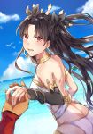  archer armlet bangs bare_shoulders bird black_hair black_ribbon blue_sky blush butt_crack cloud comeow1208 commentary crown dark_skin dark_skinned_male day detached_sleeves earrings eyebrows_visible_through_hair fate/grand_order fate/stay_night fate_(series) fingernails floating_hair gem hair_ribbon holding_hands hoop_earrings horizon ishtar_(fate/grand_order) jewelry long_hair looking_at_viewer looking_to_the_side neck_ring ocean open_mouth out_of_frame outdoors panties parted_bangs pov red_eyes ribbon shiny shiny_hair shoulder_blades single_detached_sleeve sky solo_focus sparkle standing symbol_commentary two_side_up underwear very_long_hair white_panties wind 