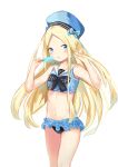  :o abigail_williams_(fate/grand_order) absurdres bangs bare_arms bare_shoulders beret bikini_skirt black_bikini_bottom black_bow blonde_hair blue_bow blue_eyes blue_hat blue_shirt blush bow collarbone commentary eyebrows_visible_through_hair fate/grand_order fate_(series) fingernails food forehead hands_up hat hat_bow highres holding holding_food long_hair looking_at_viewer navel parted_bangs parted_lips popsicle sailor_collar school_uniform serafuku shirt simple_background sleeveless sleeveless_shirt solo very_long_hair white_background white_sailor_collar yukaa 