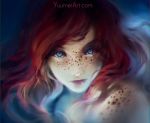  blurry blurry_foreground commentary depth_of_field english_commentary eyeshadow freckles green_eyes looking_at_viewer makeup original portrait red_hair red_lips solo star upper_body watermark wenqing_yan 