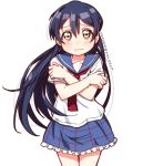 bangs blue_hair blush commentary_request cowboy_shot hair_between_eyes long_hair looking_at_viewer love_live! love_live!_school_idol_project school_uniform serafuku simple_background skull573 solo sonoda_umi white_background yellow_eyes younger 