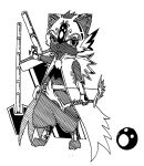  2012 anthro black_and_white bow cat feline looking_at_viewer male mammal melee_weapon monochrome polearm simple_background spear sword weapon white_background 超級小守鶴 