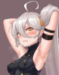  armpits arms_behind_head arms_up black_dress blue_legwear blurry blurry_background blush breasts clenched_teeth cloel covered_navel covered_nipples dress drooling eyebrows_visible_through_hair girls_frontline hair_between_eyes hands_in_hair highres lips long_hair looking_at_viewer parted_lips pkp_(girls_frontline) saliva side_ponytail silver_hair skin_tight sleeveless small_breasts solo steam sweat teeth very_long_hair yellow_eyes 