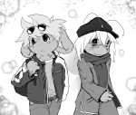  2009 4_fingers backpack belt blush canine clothed clothing coat duo eyewear hair hat headwear lando looking_at_viewer mammal monochrome pants scarf simple_background walking white_background zipper 