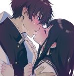  1girl black_hair black_sailor_collar blush chitanda_eru closed_eyes couple eye_contact gakuran green_eyes hetero hyouka imminent_kiss kiss long_hair looking_at_another mery_(apfl0515) oreki_houtarou sailor_collar school_uniform serafuku simple_background sweat upper_body white_background 