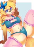  2018 belly_piercing blonde_hair butterfly_clip canine cat clothing facial_piercing feline female fennec fox frill hair hairclip hand_sign kaiyonato kuromokonachan legwear lingerie lip_piercing mammal panties piercing pinup pose spread_legs spreading stockings underwear 