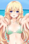  blonde_hair blue_eyes blush breasts cleavage commentary iwasi-r large_breasts long_hair looking_at_viewer navel neptune_(series) smile solo swimsuit vert 