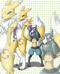  2014 ambiguous_gender anthro blush digimon duo eyes_closed female lucario mostly_nude nintendo pattern_background pok&eacute;mon pok&eacute;mon_(species) renamon simple_background standing video_games white_background 超級小守鶴 