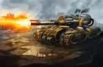  caterpillar_tracks cloud command_and_conquer command_and_conquer_red_alert_3 commentary_request day ground_vehicle hammer_and_sickle highres huojian_fasheche military military_vehicle motor_vehicle no_humans ruins sky smoke tank 