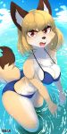  2018 anthro blush breasts buried_frog butt canine chest_tuft clothing female fox looking_at_viewer mammal nipple_bulge open_mouth partially_submerged red_eyes solo swimsuit tuft water 