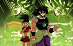  1girl arm_guards armor aura black_eyes black_hair blank_eyes breasts broly_(dragon_ball_super) chest clenched_hands clenched_teeth dragon_ball dragon_ball_super dragon_ball_super_broly earrings facial_scar green_hair hoop_earrings jewelry kale_(dragon_ball) limbonix long_hair midriff muscle navel ponytail scar scar_on_cheek short_hair single_hair_intake skirt spiked_hair super_saiyan super_saiyan_berserk teeth wristband 