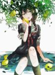  absurdres blue_eyes braid brown_hair commentary_request food fruit highres kantai_collection kumahara leaf lemon necktie open_mouth school_uniform serafuku shigure_(kantai_collection) single_braid sitting solo 