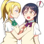  adjusting_clothes ayase_eli bangs blonde_hair blue_eyes blue_hair blush commentary_request dressing_another hair_between_eyes long_hair looking_at_another love_live! love_live!_school_idol_project multiple_girls open_mouth otonokizaka_school_uniform ponytail school_uniform scrunchie simple_background skull573 sonoda_umi white_background white_scrunchie yellow_eyes 