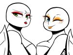  2018 anthro big_breasts blue_eyes breast_squish breasts breasts_frottage crossgender duo eyeshadow female freckles green_eyes inkyfrog lipstick looking_at_viewer makeup michelangelo_(tmnt) mole_(marking) one_eye_closed partially_colored raphael_(tmnt) reptile scalie shell side_view simple_background teenage_mutant_ninja_turtles turtle white_background wink 