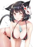  absurdres all_fours alternate_costume animal_ears azur_lane bangs bare_shoulders bell between_breasts bikini black_hair blush bob_cut bottle breasts cat_ears cleavage collarbone commentary_request condensation eyebrows_visible_through_hair fang fang_out groin hair_ornament highres large_breasts looking_at_viewer mask mask_on_head one_eye_closed open_mouth parted_lips ramune red_eyes short_eyebrows short_hair side-tie_bikini sidelocks simple_background skindentation smile solo swimsuit wet white_background yamashiro_(azur_lane) yayoichi_(yoruyoru108) 