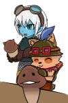  2013 clothing duo eyes_closed eyewear female goggles hat league_of_legends male mushroom open_mouth riot_games simple_background smile teemo_(lol) tristana_(lol) video_games white_background 超級小守鶴 