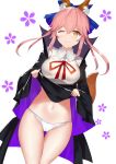  animal_ear_fluff animal_ears bangs bb_(fate)_(all) bb_(fate/extra_ccc) bb_(fate/extra_ccc)_(cosplay) black_jacket black_skirt blue_bow blush bow breasts brown_eyes cameltoe collared_shirt commentary_request cosplay dutch_angle eyebrows_visible_through_hair fate/extra fate/extra_ccc fate_(series) fox_ears fox_girl fox_tail groin hair_between_eyes hair_bow jacket large_breasts lifted_by_self long_hair long_sleeves looking_at_viewer navel one_eye_closed open_clothes open_jacket panties pink_hair red_ribbon ribbon rinaka_moruchi shirt skirt skirt_lift sleeves_past_wrists solo tail tamamo_(fate)_(all) tamamo_no_mae_(fate) thigh_gap underwear white_background white_panties white_shirt wide_sleeves 