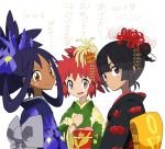  3girls black_hair brown_eyes commentary_request flower hair_flower hair_ornament hair_ribbon happy_new_year higana_(pokemon) highres iris_(pokemon) japanese_clothes kimono manon_(pokemon) mayapazoo multiple_girls new_year partial_commentary pokemon pokemon_(anime) pokemon_(game) pokemon_bw2 pokemon_oras pokemon_xy_(anime) red_eyes red_hair ribbon smile spider_lily translation_request 