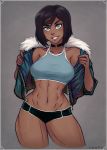  abs alternate_hair_length alternate_hairstyle avatar_(series) blue_eyes bob_cut breasts brown_hair choker commentary contemporary contrapposto crop_top cropped_legs dark_skin english_commentary grin iahfy jacket korra looking_at_viewer medium_breasts navel o-ring o-ring_choker open_clothes open_jacket short_hair short_shorts shorts sleeveless_jacket smile solo standing stomach the_legend_of_korra thick_thighs thighs toned undressing 
