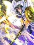  2018 black_footwear black_hair boots bracelet bright_pupils brooch character_name copyright_name energy_wings fate/grand_order fate_(series) full_body hayata_aya holding holding_staff hood jewelry looking_to_the_side ortlinde_(fate/grand_order) red_eyes shield short_hair solo staff thigh_boots thighhighs valkyrie_(fate/grand_order) 