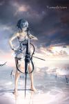  barefoot blue_hair cello closed_eyes cloud commentary dress electric_cello english_commentary highres horizon instrument landscape music original reflection salt_flats short_hair sky solo transparent water watermark web_address wenqing_yan 